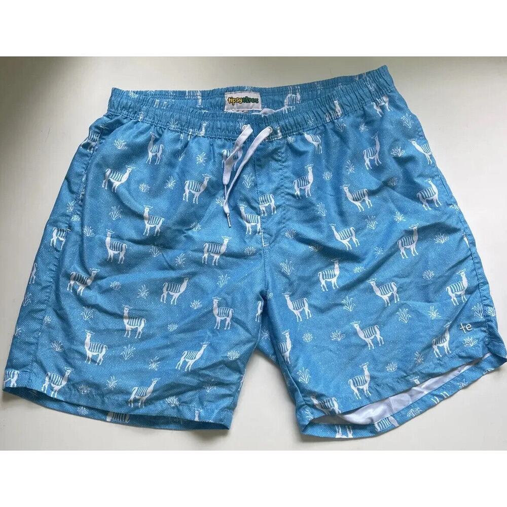 Tipsy Elves Men's Blue Llama Lined Drawstring Pockets Swim Trunks Size XL